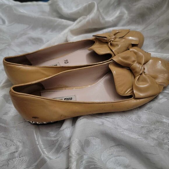 MIU MIU BALLET SOFT LEATHER BALLERINA STYLE FLATS BOW RHINSTONE HEEL ACCENT 10 - Picture 5 of 6